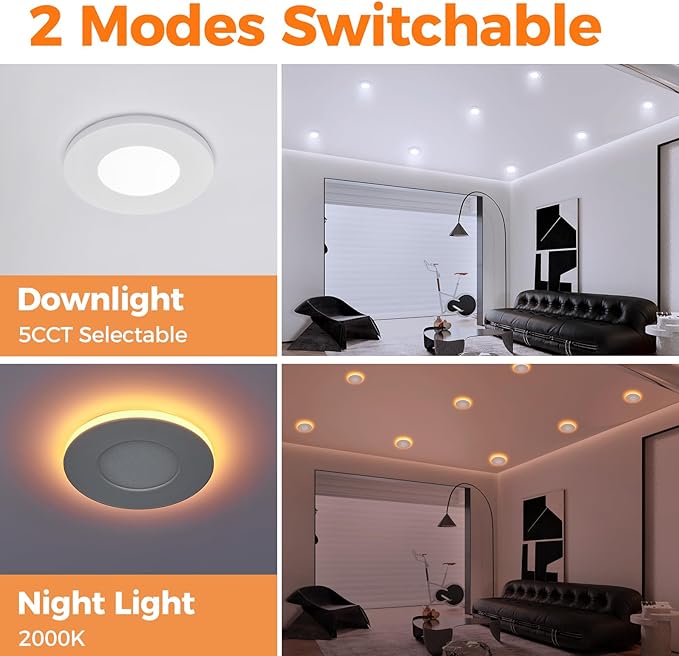 12 Pack 3 Inch Recessed LED Lights with Night Light, Canless Ultra Thin Wafer Recessed Lighting Downlight with Junction Box, Dimmable & 5 Color Temperature Selectable, 6W, ETL, White