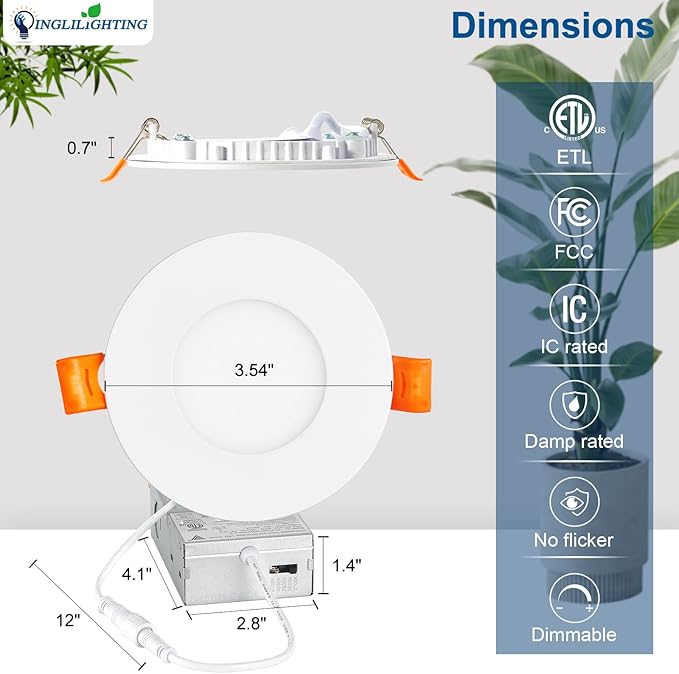DLLT LED Recessed Ceiling Light: 6 Pack 3 Inch Slim Recessed Lighting for Kitchen - 5CCT Dimmable Canless Wafer Downlight for Living Room - 600LM Brightness 6W LED Can Lights for Bedroom ETL FCC