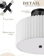 Semi Flush Mount Ceiling Lights, 4-Light 18" Matte Black Ceiling Light Fixture with White Pleated Fabric Shade, Drum Lamp for Nursery Hallway Bedroom Kitchen, AD-25036-4SF-BK