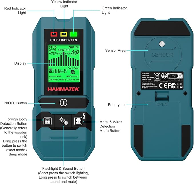 HANMATEK SF3 6-in-1 Stud Finder, High-Precision Wall Scanner for Wood, Metal, and Live AC Wires Detection – Ideal for Home Renovation and DIY Projects