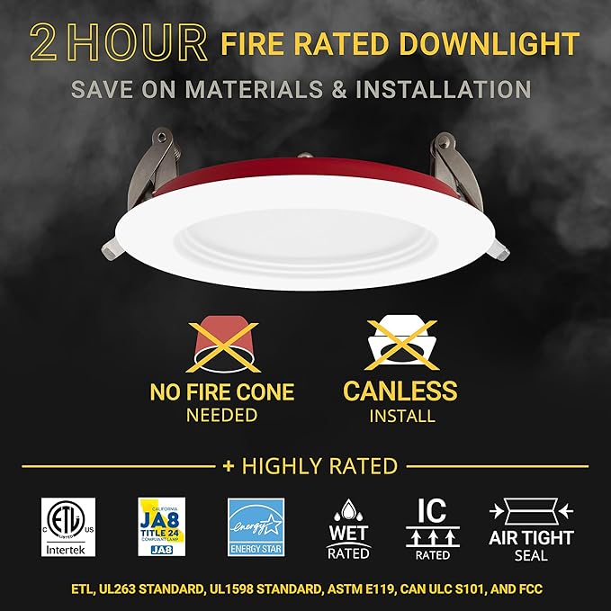 NUWATT 12 Pack 4 Inch 2 Hour FIRE Rated Baffle LED Recessed Lighting, 27K/30K/35K/40K/50K 5CT Selectable, Dimmable, 900LM, IC Rated, 4in Anti-Glare Wafer Lights, Wet Rated Downlight, No Tenmat Needed