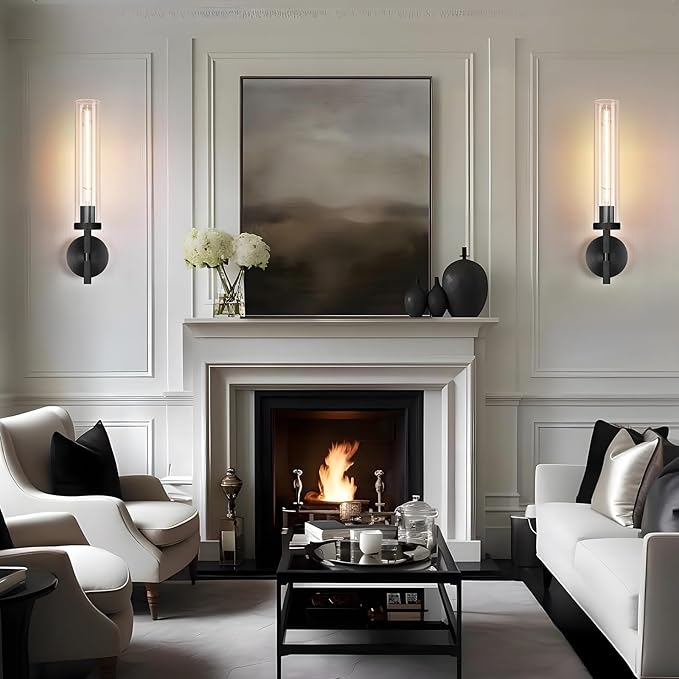 Modern Black Hardwired Wall Sconces 2 Pack, 21'' Knurled Bathroom Wall Sconce, Indoor Wall Sconce,Copper and Glass Vanity Light, for Living, Bedroom, Hallway, Staircases, Include Bulbs