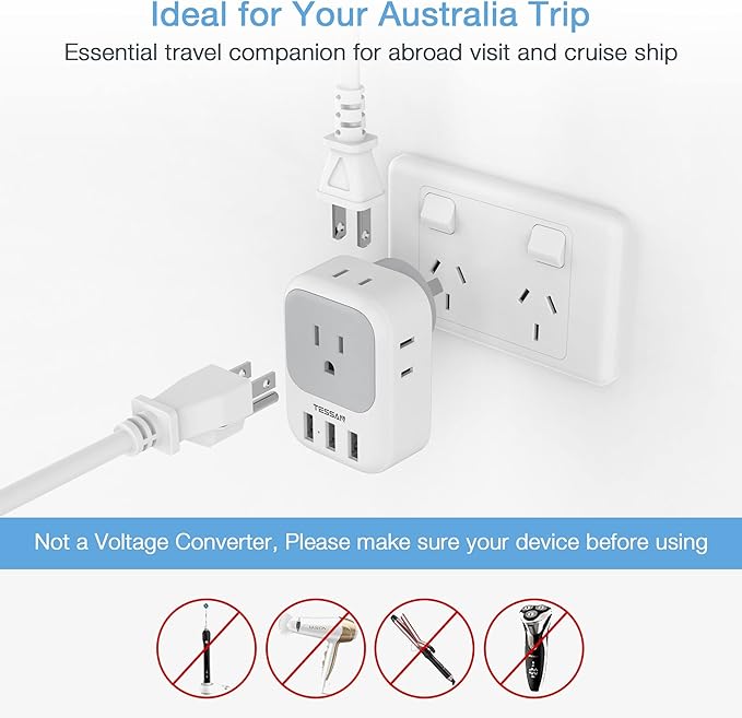 TESSAN Australia Power Plug Adapter, US to New Zealand Power Adapter with 4 American Outlets 3 USB Charger, Type I Travel Adaptor for USA to Australian, China, AU, Argentina, Fiji, Cook Islands, Samoa