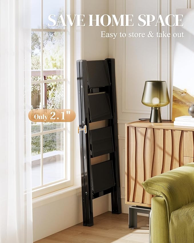 GameGem 4 Step Ladder, Folding Step Stool with Wider Pedal, Anti-Slip Feet & Non Slip Stripes, Aluminum Sturdy Material, 300Lbs Capacity, Elegant Look of Piano Black Better Matches Your Home