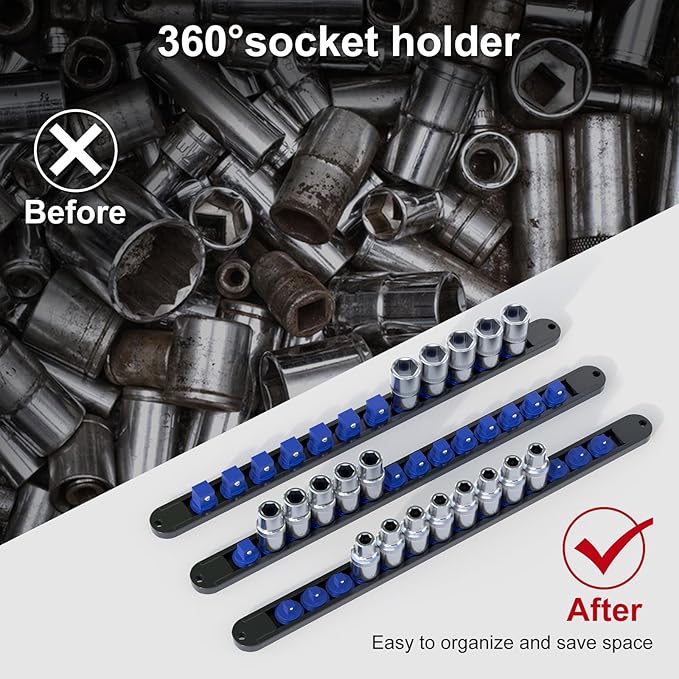 FivePears 3PCS 360° Socket Organizer Twist Lock,3/8 1/4 1/2 Socket Storage Rails, Premium Quality Socket Holders for Tool Box ，Tool Carts，Contains up to 40 Clips (Blue, Red and Black)