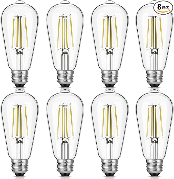 LED Edison Bulbs 6W, Equivalent 60W, High Brightness Daylight White 5000K, 750 Lumens, ST58 Vintage LED Filament Bulbs with 90+ CRI, E26 Base, Dimmable, Clear Glass, Pack of 8