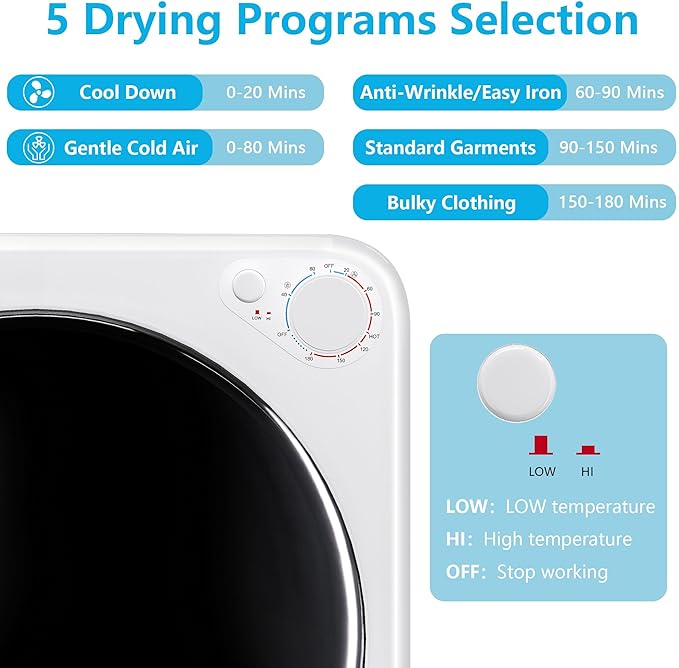 800W Electric Portable Clothes Dryer, High End Laundry Front Load Tumble Dryer Machine with Stainless Steel Tub, 5 Mode Simple Control Knob secadora de ropa for Apartment, Dorm, RV