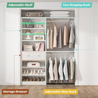 [10 FT Closet System] Reversible Set of 2 Wood Closet Organizer System with 2 Drawers, 4 Hanging Rods Adjustable Shelf, Walk In Closet Organizers with Shoe Rack, Garment Rack Clothes Rack, White