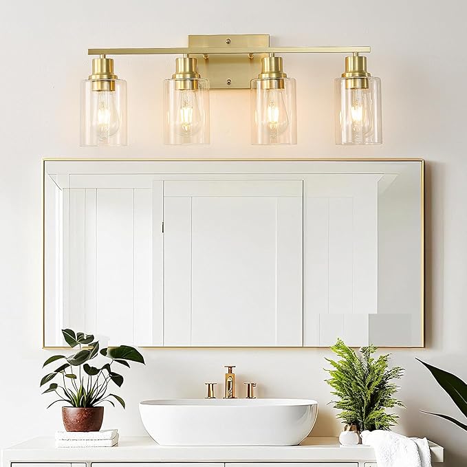 EMONG Gold Bathroom Light Fixtures,4-Lights Brushed Brass Vanity Light with Clear Glass Shade,Modern Wall Sconces for Hallway, Farmhouse,Living Room