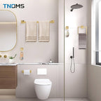 TNOMS 5-Piece Towel Bar Set Brushed Gold Bathroom Hardware Accessories Set Includes Upgraded Double Base Toilet Paper Holder,Modern Square Towel Holder Set Stainless Steel Wall Mount 23.6 Inch