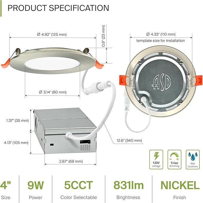 ASD 6 Pack LED Recessed Lighting 4 Inch 9W, 5 CCT 2700K-5000K CRI90+, IC Rated Ultra Thin Dimmable Ceiling Lights with J Box, Canless Wafer Downlight, Round Slim Panel Light, Energy Star ETL, Nickel