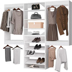 ROOMTEC Modular Closet System, 90" Wall Mounted Closet Organizer with Hanging Rods and Shoe Shelf, Wooden Tower for Walk-In Closets, Wardrobe Storage Kit, White
