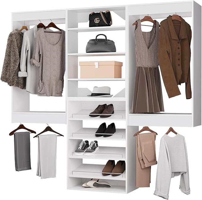 ROOMTEC Modular Closet System, 90" Wall Mounted Closet Organizer with Hanging Rods and Shoe Shelf, Wooden Tower for Walk-In Closets, Wardrobe Storage Kit, White