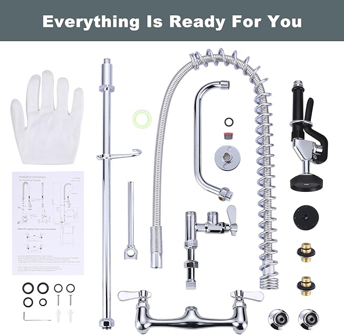 47" Height Commercial Kitchen Sink Faucet with Pre-Rinse Sprayer, 8 Inch Wall Mount Center Sink Faucet with Pull Down Spray Unit, Compartment Sink Faucet with 10" Swivel Spout for Restaurant