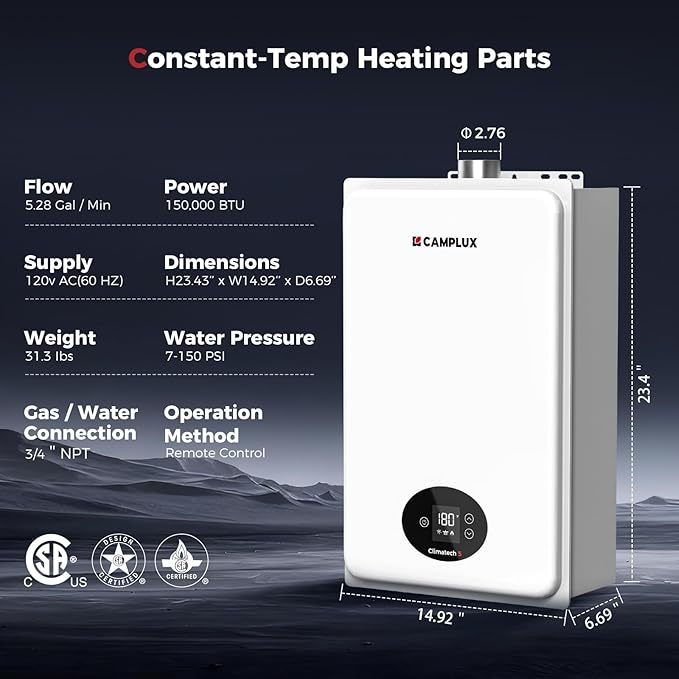 CAMPLUX Climatech 5 150,000 BTU Tankless Water Heater Gas Indoor, 5.28 GPM On Demand Instant Hot Water Heater Natural Gas for Whole House, for 3-5 Persons Family, Indoor Installation, CA528, CSA