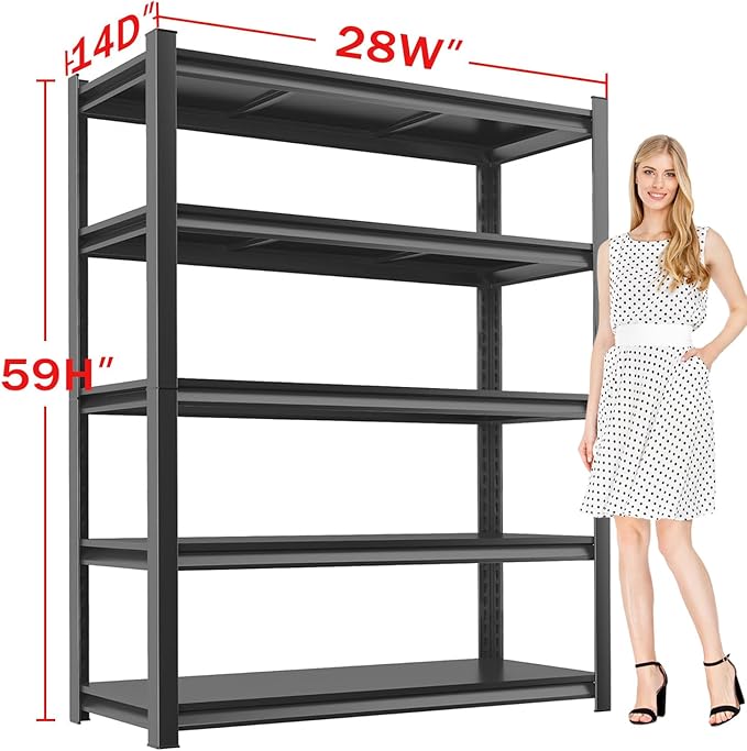 Metal Garage Storage Shelves Heavy Duty Shelving Unit 5 Tier Steel Adjustable Organizing Shelves 3000 LBS Capacity Industrial Shelving Ideal for Garage Tote Pantry Basement Outdoor, 59”Hx28”Wx14”D