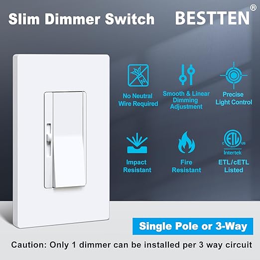 BESTTEN 10 Pack Super Slim Digital Dimmer Light Switch, Quiet Rocker, Max 300W LED, CFL, 600W Halogen, Single Pole or 3 Way Dimmable Switch, Screwless Wallplate Included, ETL Listed, White
