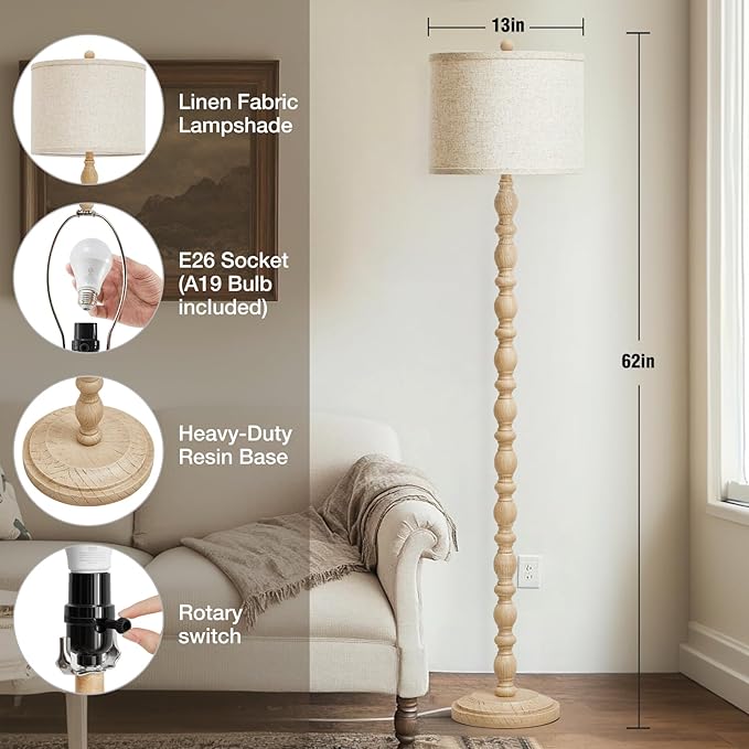 Luvkczc 62" Floor Lamps for Living Room,3 Color Temperature Standing Lamp, Vintage Farmhouse Floor Lamp with Rotary Switch, Rustic Resin Tall Lamps for Living Room, Bedroom, Office, Corner (Cream)