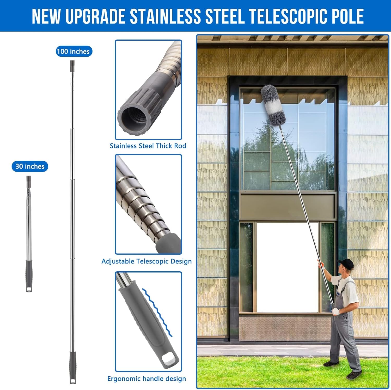 Microfiber Feather Duster 5-in-1 Kit for Dusting and Cleaning – 30–100" Extension Pole, Anti-Slip Grip, Bendable Washable Heads for Ceiling Fan, Furniture, Car (Blue)