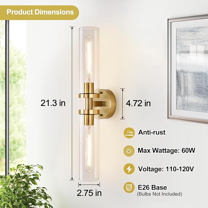 Wall Sconces Set of Two, Hardwired Brushed Gold Bathroom Sconces Wall Lighting with Clear Glass, Modern Sconces Wall Decor Set of 2 Bathroom Light fixtures for Mirror Hallway (Bulbs Not Included)