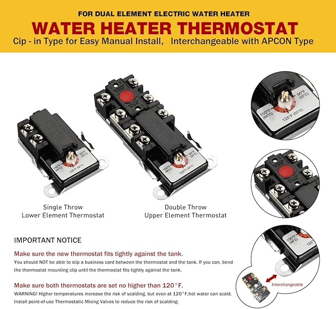 EWH-05 Electric Water Heater Element Kit,Include TWO 4500W/240V Water Heater Elements,Lower Thermostat & Upper Thermostat,Quick Change Tool,Two Protective Covers and Wrench Replacing Tools