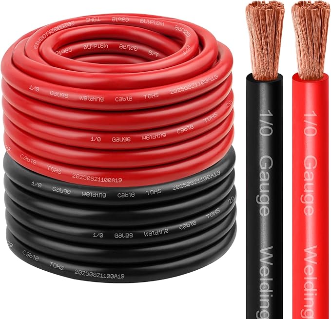 1/0 Gauge Battery Cable Copper Wire, 25FT Red+25FT Black 1/0 AWG Welding Cable Standard USA OFC Wire for Automotive, Battery, Solar, Marine and Generator