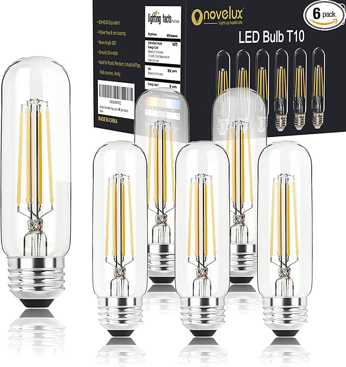 5 Inch Edison Bulb, 2700K Soft White E26 Led Bulb 6W Dimmable, 800LM T10 T9 Bulb Clear Glass Tubular Light Bulbs, AC 120V Equal 80 Watt Bulbs for Chandelier Pendant Wall Light - 6Pack