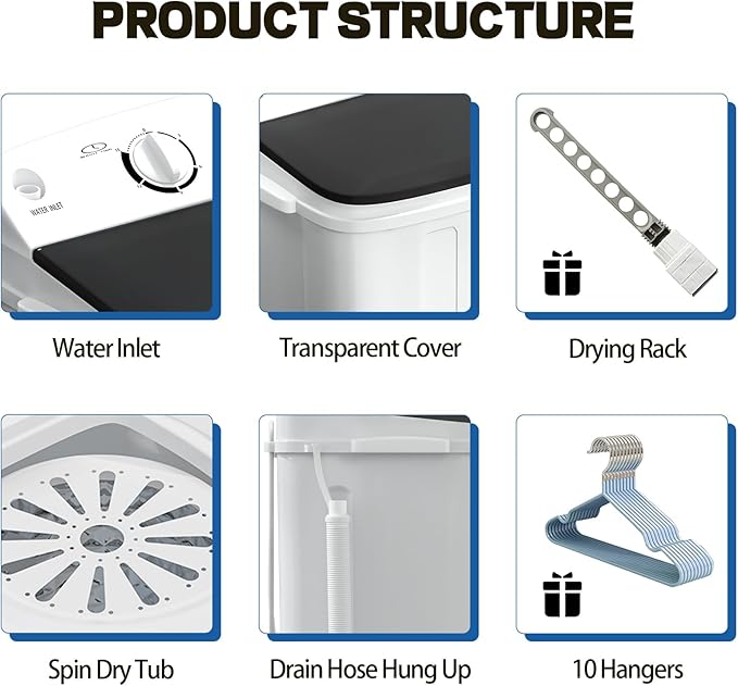 Portable Mini Twin Tub 18lbs Washing Machine With Drying Rack& 10 Hangers, 11lbs Washer & 7lbs Spinner, Small Laundry Washer with Time Control for Camping, Apartments, RV (18lbsBlack)