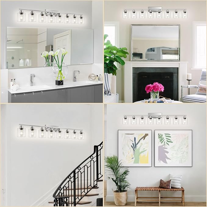 Modern Brushed Nickel 8 Light Bathroom Light Fixtures,52 inch Vanity Lights for Bathroom with Clear Glass for Mirror Kitchen Living Room Hallway Cabinet Porch