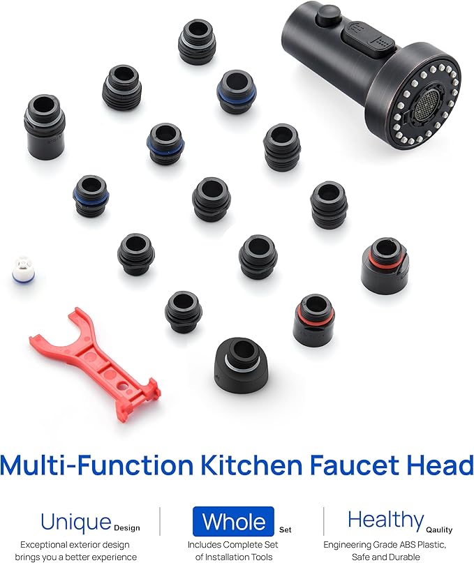 J-HVA Pull Down Kitchen Faucet Sprayer Head Replacement Part, 3 Function with 15 Adapters Pull Out Sink Sprayer Replacement Nozzle, Kitchen Faucet Head Hose Spray Tap Spout, Matte Black