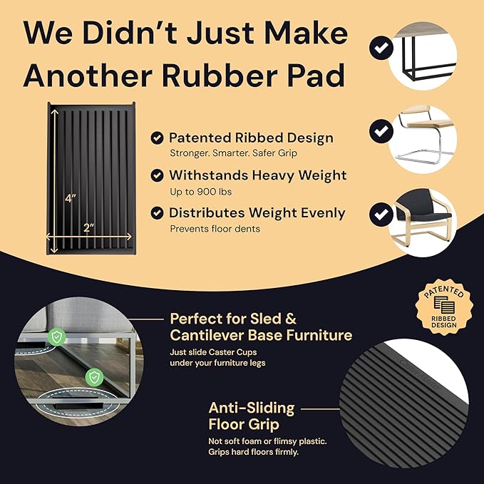 CasterMaster Antiskid Furniture Pads Rectangular, Non-Slip Rubber Caster Cups, Anti-Sliding Floor Protectors for Furniture - Black, 2'' x 4'' (Pack of 4) - Floor Protectors for Chairs