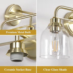 3 Light Gold Vanity Lights for Bathroom, Bathroom Light Fixtures Over Mirror with Clear Glass Shade, Ceramic E26 Sockets Wall Mounted
