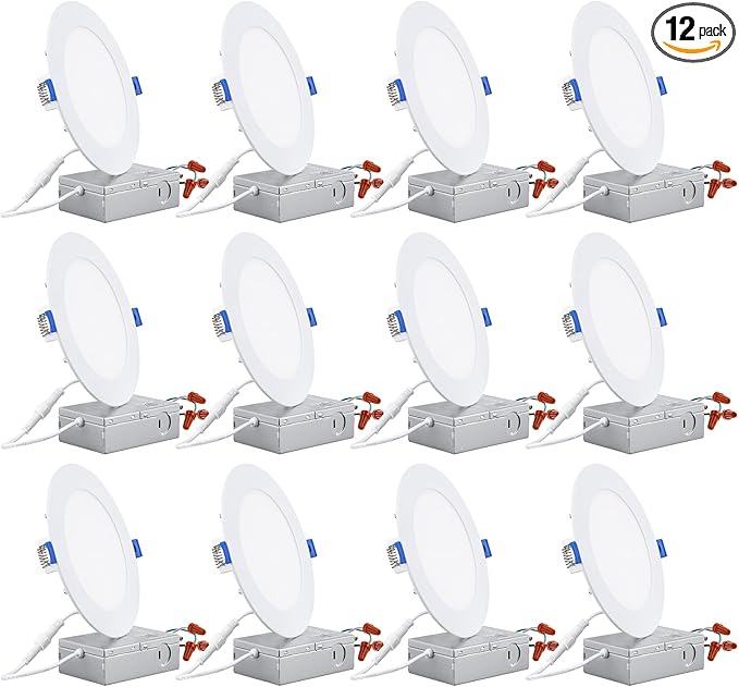 TORCHSTAR 12-Pack 6 Inch Ultra-Thin LED Recessed Lighting with J-Box, CRI90, 5000K Daylight, 12W Dimmable 1100lm Brightness LED Downlight, ETL & Energy Star Listed