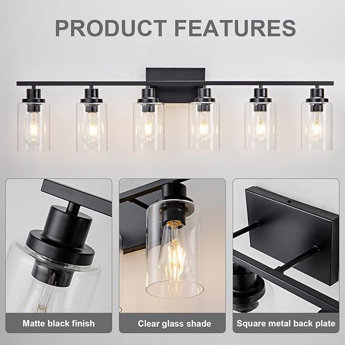 6 Light Bathroom Light Fixtures Black Vanity Light Over Mirror Modern Farmhouse Wall Lighting Sconces Wall Lamp for Bathroom, Bedroom, Living Room E26 Socket with Glass Shade