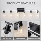 6 Light Bathroom Light Fixtures Black Vanity Light Over Mirror Modern Farmhouse Wall Lighting Sconces Wall Lamp for Bathroom, Bedroom, Living Room E26 Socket with Glass Shade