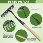 Upgraded Weed Puller Tool, Rust-Proof Manual Weed rake (cultivates Soil with Wooden Handle), 8-Tine Manganese Steel Iron rake for Gardening/Weeding, Gardinia uprooting Tool