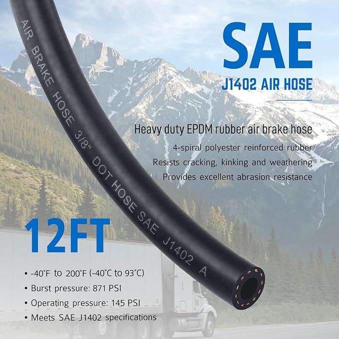 12 FT Air Line Hose Assembly Set Straight Heavy Duty Air Power Hoses for Semi Truck Trailer Tractor