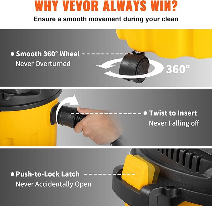 VEVOR Shop Vac Wet and Dry Vacuum Cleaner 2.6 Gallon 2.5 Peak HP - Powerful Suction with Blower Function & Attachments 3-in-1 Crevice Nozzle - Perfect for Car Carpet Debris Pet Hair Black/Yellow
