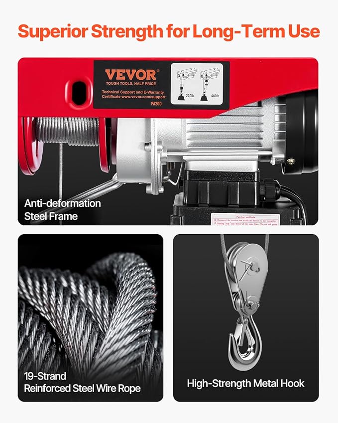 VEVOR Electric Hoist, 440 lbs 120V Electric Winch with 328 ft Wireless & 14 ft Wired Remote Control, 40 ft Single Cable Lifting Height, Single/Double Slings, Lift Hoist for Garage Warehouse Factory