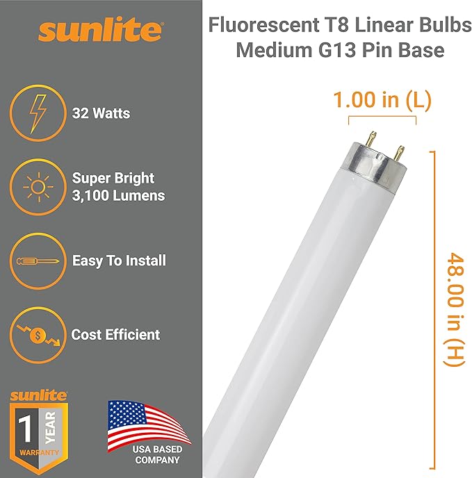 Sunlite F32T8/SP850 T8 Linear Fluorescent Lamp, 32 Watts, 3100 Lumens, 5000K Daylight, Medium G13 Bi Pin Base, High Performance Straight Tube, 30 Pack