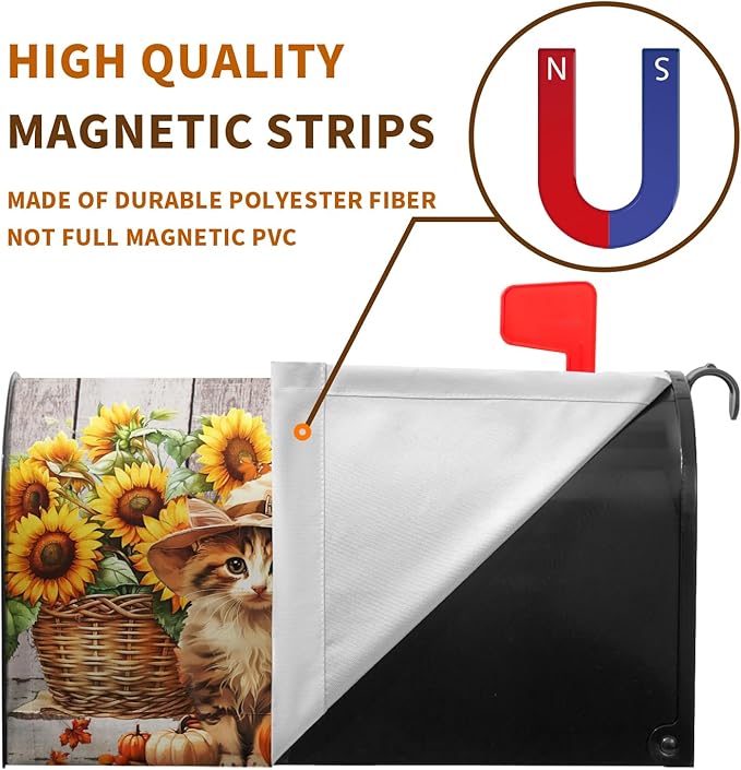Fall Pumpkin Sunflower Mailbox Covers Magnetic 21x18 Inch Cute Cat Autumn Harvest Mailbox Cover Thanksgiving Post Letter Box Wraps Standard Size Garden Farm Outdoor Yard Decor