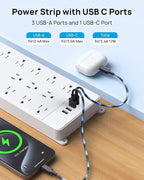 TROND Surge Protector Power Strip 10 ft Cord - Long Extension Cord, 4000J, 13 Widely Outlets with USB C Ports, Flat Plug, Wall Mount, 1875W, Home Gaming Dorm Room Essentials, ETL Listed, White
