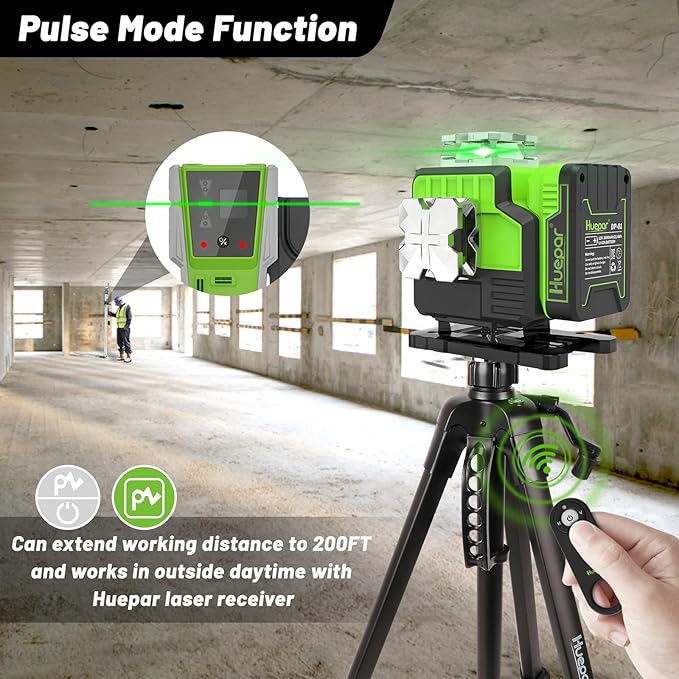 Outdoor Laser Level 360 Self leveling with Laser Level Receiver, 4x360 Green Cross Line Laser with Bluetooth, Huepar P04CG＆LR-8RG, Laser Class: Class II (IEC/EN60825-1/2014), 1mW power output