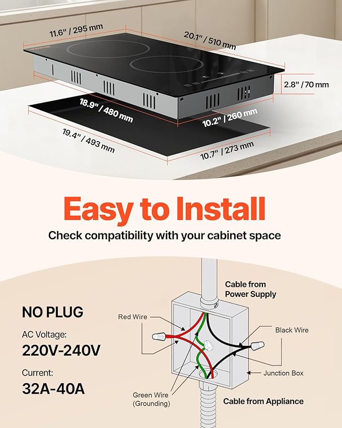 VEVOR Built in Electric Stove Top, 12 inch 2 Burners, 240V Glass Radiant Cooktop with Sensor Touch Control, Timer & Child Lock Included, 9 Power Levels for Simmer Steam Slow Cook Fry