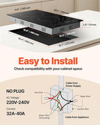 VEVOR Built in Electric Stove Top, 12 inch 2 Burners, 240V Glass Radiant Cooktop with Sensor Touch Control, Timer & Child Lock Included, 9 Power Levels for Simmer Steam Slow Cook Fry