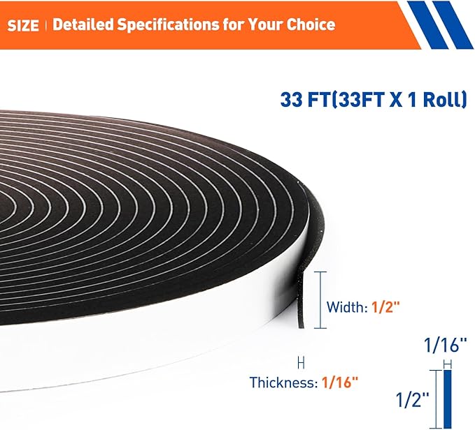 MAGZO Weather Stripping Door Seal, 1/2 Inch Wide X 1/16 Inch Thick Adhesive Foam Tape Soundproof Weatherstripping for Windows, 1 Rolls Total 33FT Black