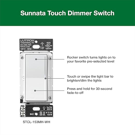 Lutron Sunnata Touch Dimmer Light Switch with Wallplate, LED+ Advanced Technology for LED and Incandescent, 3 Way/Multi Location, STCL-153MW-WH, White