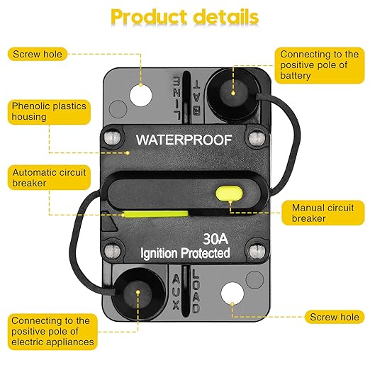 30 Amp Circuit Breaker, Huazu Inline Fuse Inverter with Manual Reset for Car Audio RV ATV Marine Boat Truck Trolling Motors 12V- 48V DC Water Proof (Surface Mount-30A)