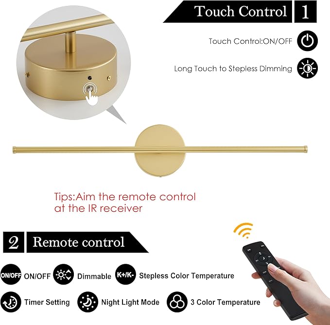 Removable Battery Operated Wall Sconces with Remote Control 350°Rotate LED Wireless Wall Lights with 3 Color Temperatures & Dimming for Bedroom, Hallway,28.3 Inch (2 Pack)