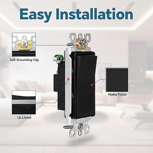 ThunderWay Matte Black Single Pole Decorator Wall Light Switch, Decorative Paddle Rocker Switch Replacement, 15A 120/277V, UL Listed for Residential Grade Applications, 10 Pack